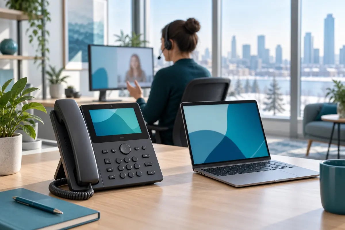A small-business office with an IP desk phone and a laptop